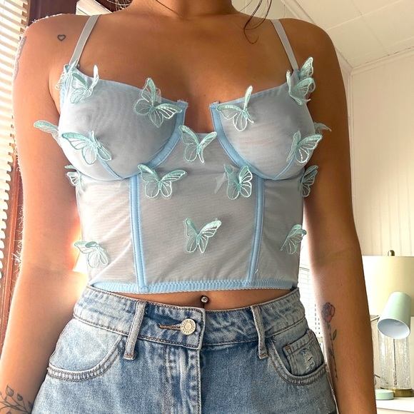 iHeartRaves Tops - Baby blue mesh butterfly corset top